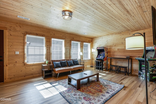 4323 Boogertown Rd, Sevierville, TN 37876 - living area with wood walls, visible vents, wood ceiling, and hardwood / wood-style flooring