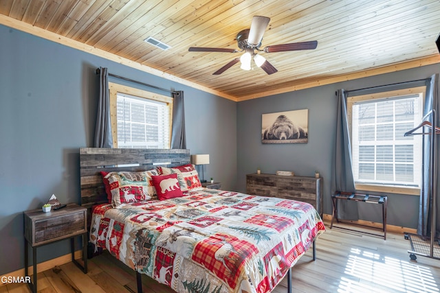 4323 Boogertown Rd, Sevierville, TN 37876 - bedroom featuring a ceiling fan, visible vents, wooden ceiling, and hardwood / wood-style flooring
