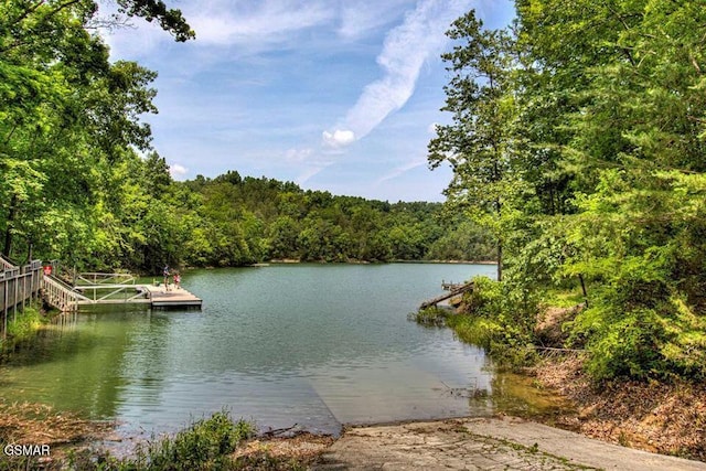 property view of water with a forest view and a floating dock