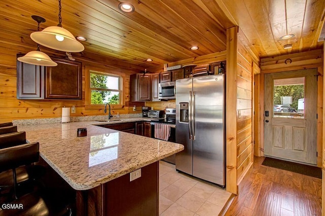 kitchen with stainless steel appliances, wood ceiling, wood walls, a sink, and a peninsula