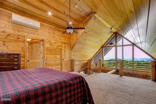 bedroom featuring wood walls, a wall mounted AC, carpet, and wood ceiling