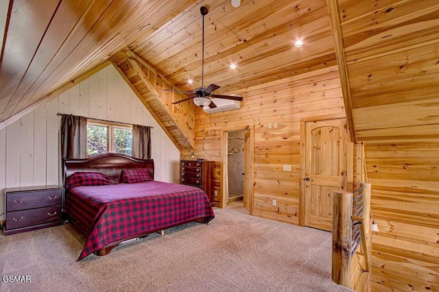 bedroom with carpet floors, wooden ceiling, wood walls, and lofted ceiling