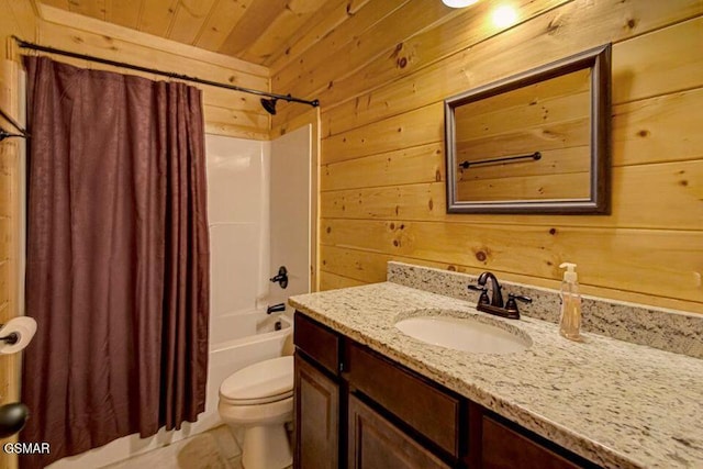 full bath featuring toilet, wood ceiling, wooden walls, and vanity