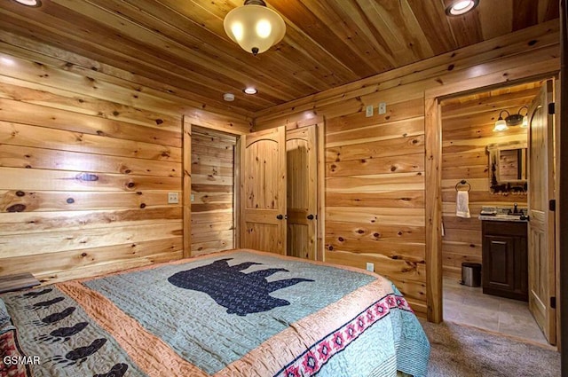 bedroom featuring light carpet, wooden walls, wooden ceiling, a sauna, and recessed lighting