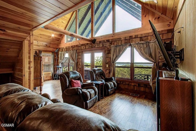 living area featuring wooden ceiling, wooden walls, visible vents, and wood finished floors