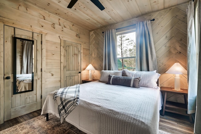 bedroom featuring ceiling fan, wooden ceiling, hardwood / wood-style flooring, and wood walls