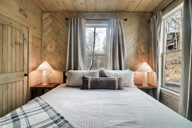 bedroom with wood ceiling and wooden walls