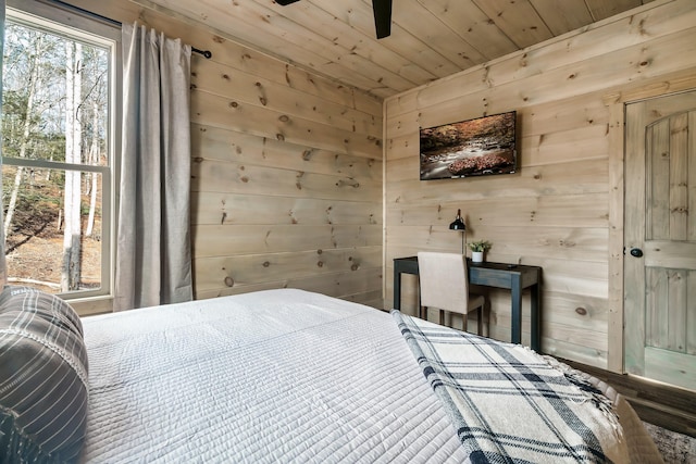 bedroom featuring wood ceiling and wooden walls