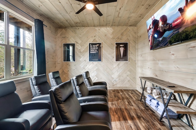 cinema with dark wood-type flooring, wooden ceiling, and wooden walls