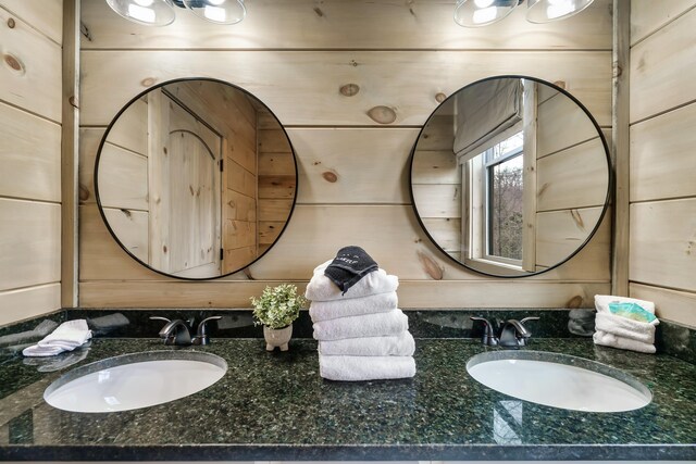 bathroom with wooden walls and vanity