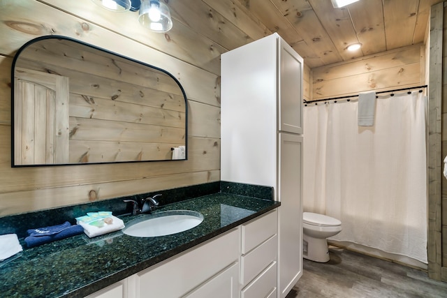 full bathroom with hardwood / wood-style floors, wooden walls, and wood ceiling