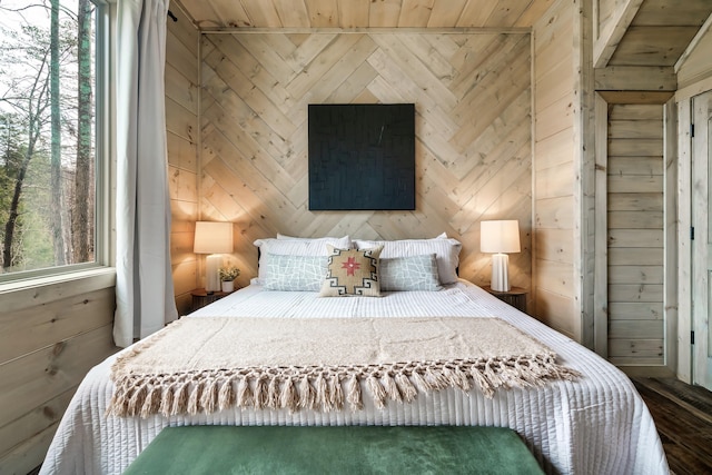 bedroom featuring wooden walls and wooden ceiling