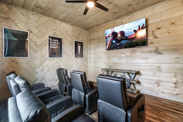 home theater room with ceiling fan, wood walls, and wooden ceiling