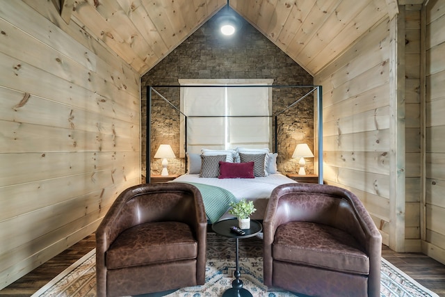 bedroom with wood-type flooring, wood walls, lofted ceiling, and wooden ceiling