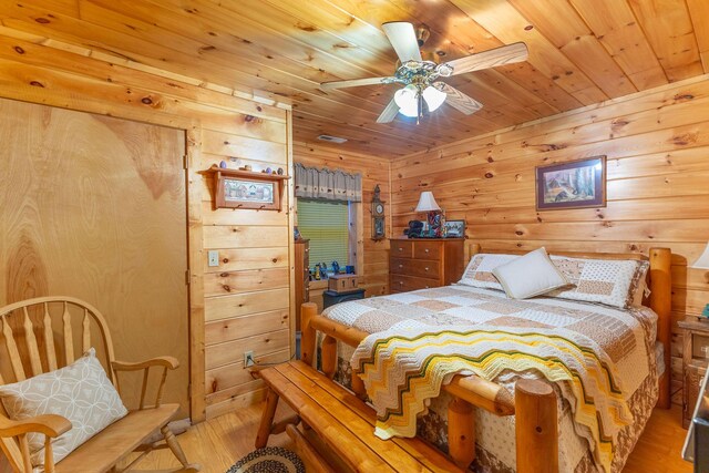 bedroom featuring hardwood / wood-style flooring, ceiling fan, wood walls, and wood ceiling