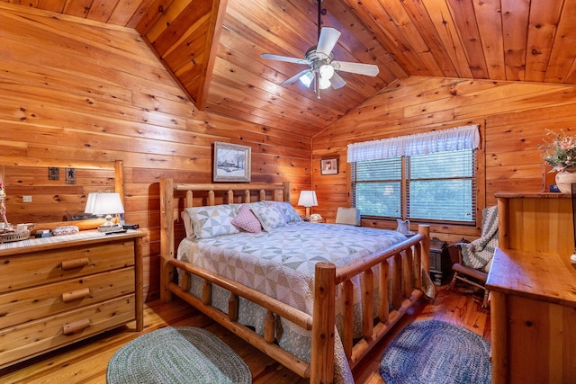 bedroom featuring wood-type flooring, wooden ceiling, ceiling fan, and lofted ceiling