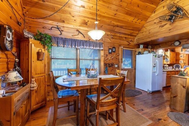 dining space featuring wood-type flooring, lofted ceiling, wooden walls, and wooden ceiling