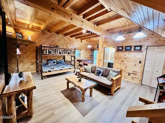 2527 Raccoon Hollow Way, Sevierville, TN 37862 - living area with wood walls, a wooden ceiling with exposed beams, and wood finished floors