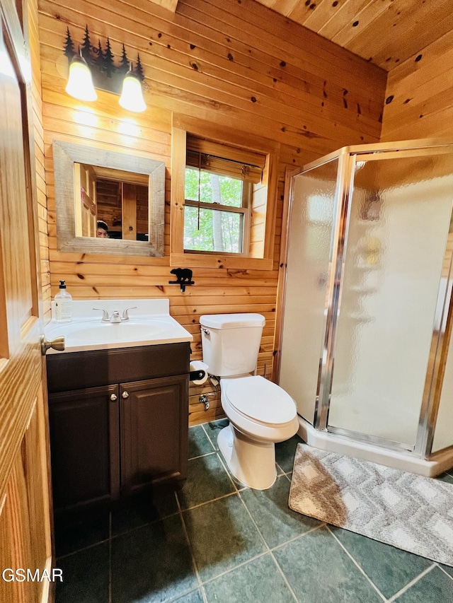 2527 Raccoon Hollow Way, Sevierville, TN 37862 - bathroom featuring wood walls, vanity, a shower stall, and tile patterned floors