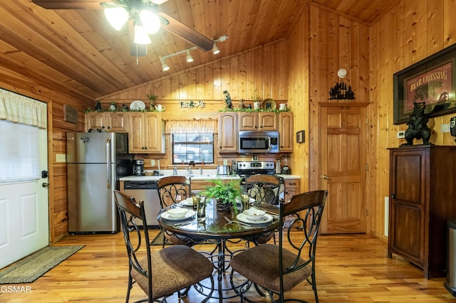 2210 Hawks Point Way, Sevierville, TN 37862 - dining area with wood walls, wooden ceiling, a ceiling fan, and lofted ceiling