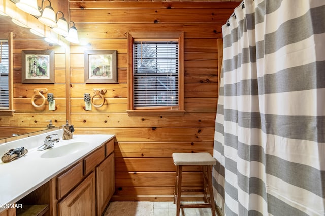 2210 Hawks Point Way, Sevierville, TN 37862 - full bathroom featuring wooden walls, vanity, and a shower with curtain