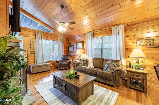 2210 Hawks Point Way, Sevierville, TN 37862 - living area with wooden walls, a ceiling fan, lofted ceiling, wooden ceiling, and wood finished floors