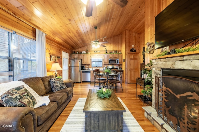 2210 Hawks Point Way, Sevierville, TN 37862 - living area with lofted ceiling, light wood-type flooring, wooden ceiling, and ceiling fan