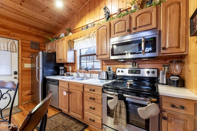 2210 Hawks Point Way, Sevierville, TN 37862 - kitchen featuring stainless steel appliances, wood walls, light countertops, and a sink