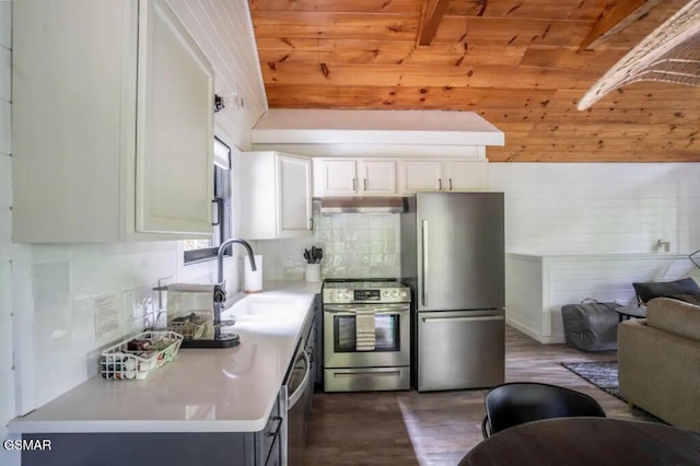 kitchen with dark wood-type flooring, white cabinets, sink, appliances with stainless steel finishes, and wood ceiling