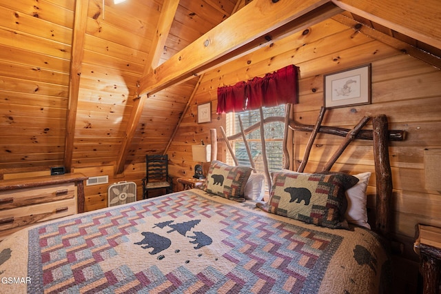 unfurnished bedroom with vaulted ceiling with beams, wooden ceiling, and wood walls