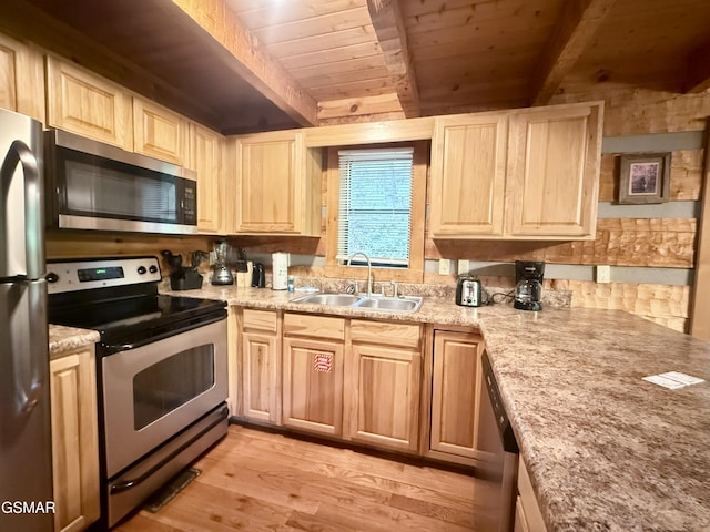2575 Black Bear Ln, Sevierville, TN 37876 - kitchen with wood ceiling, a sink, light wood-type flooring, beamed ceiling, and appliances with stainless steel finishes