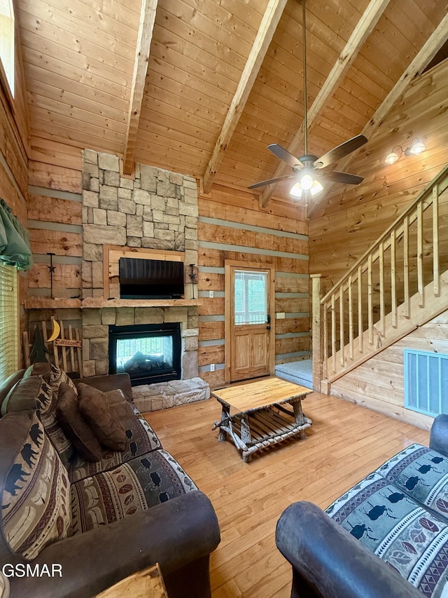 2575 Black Bear Ln, Sevierville, TN 37876 - living room with wood ceiling, wooden walls, and hardwood / wood-style flooring