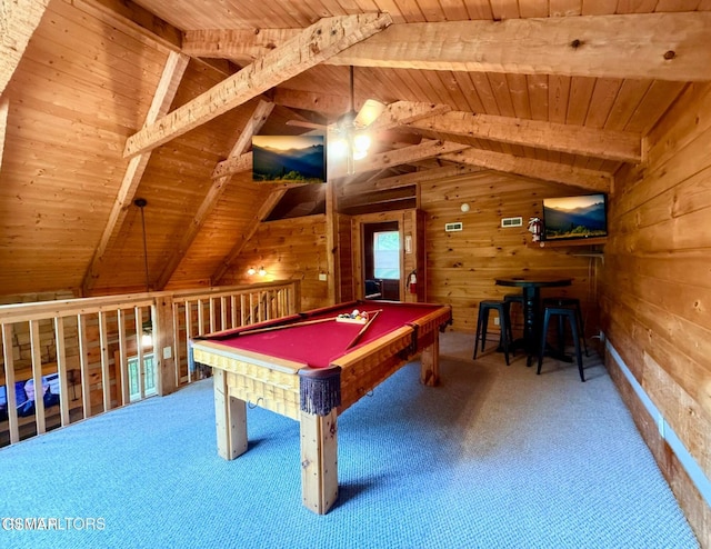 2575 Black Bear Ln, Sevierville, TN 37876 - recreation room featuring wooden ceiling, wood walls, and vaulted ceiling with beams
