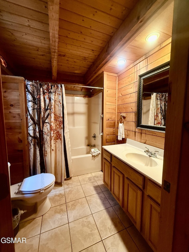 2575 Black Bear Ln, Sevierville, TN 37876 - full bath with wood ceiling, toilet, tile patterned floors, beamed ceiling, and vanity