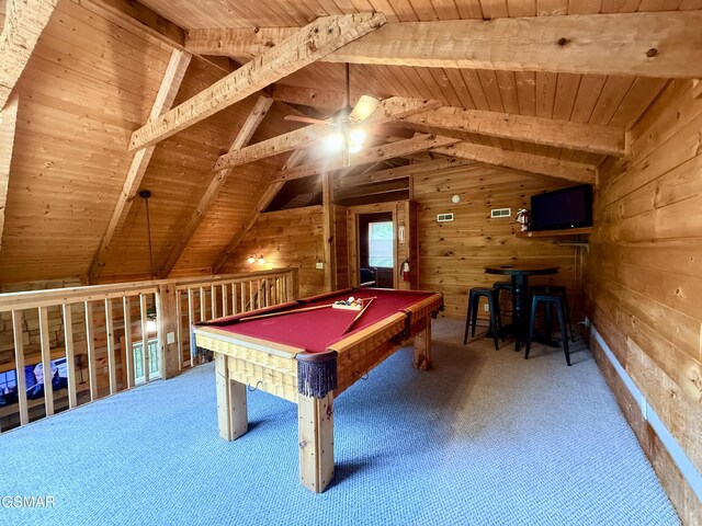 2575 Black Bear Ln, Sevierville, TN 37876 - game room featuring a ceiling fan, carpet, wooden walls, and wood ceiling