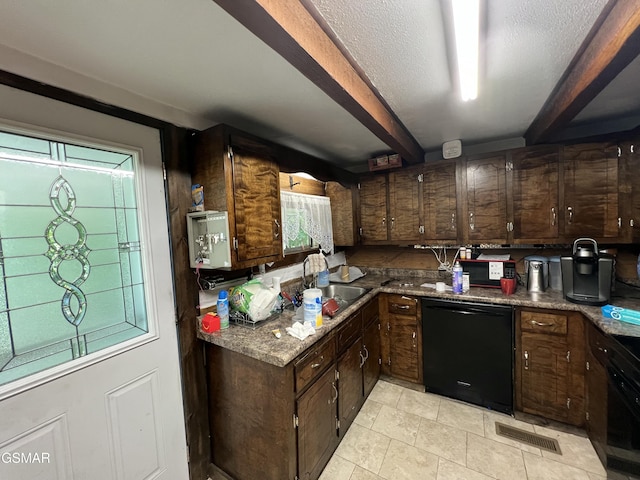 815 Hartsell Rd, Newport, TN 37821 - kitchen with black dishwasher, dark brown cabinets, beam ceiling, oven, and light tile patterned flooring