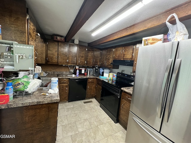815 Hartsell Rd, Newport, TN 37821 - kitchen with black appliances, exhaust hood, beam ceiling, light tile patterned flooring, and dark brown cabinetry