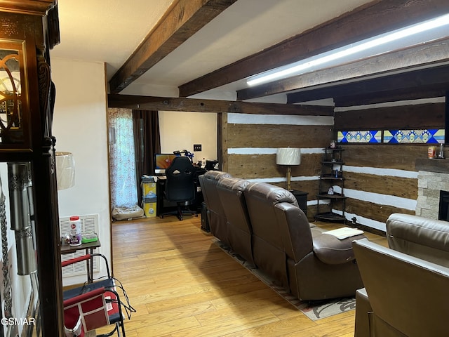 815 Hartsell Rd, Newport, TN 37821 - living room with a desk, light wood-style floors, wooden walls, and beamed ceiling
