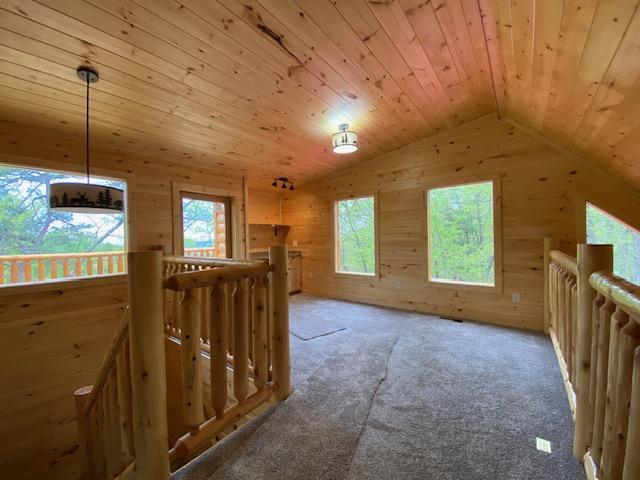 bonus room featuring carpet flooring, wooden ceiling, wooden walls, and vaulted ceiling