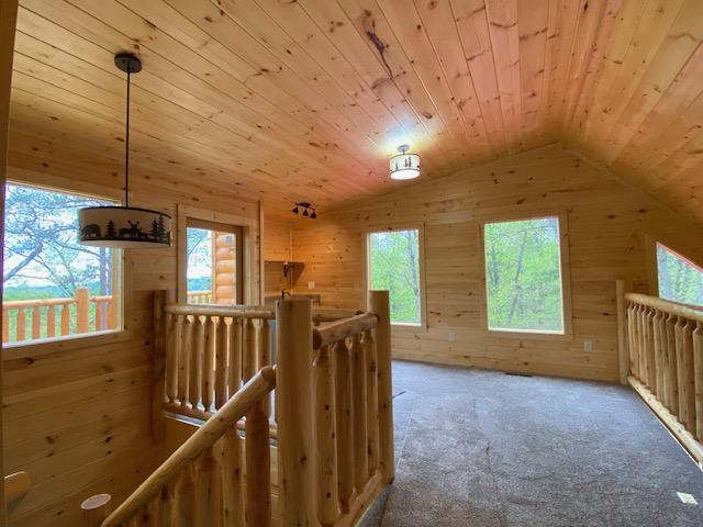 additional living space featuring wooden walls, wood ceiling, vaulted ceiling, and carpet flooring