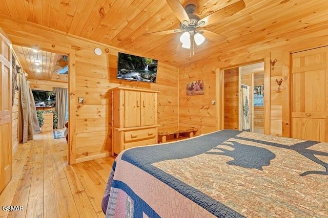 bedroom with wood walls, ceiling fan, wood-type flooring, and wooden ceiling