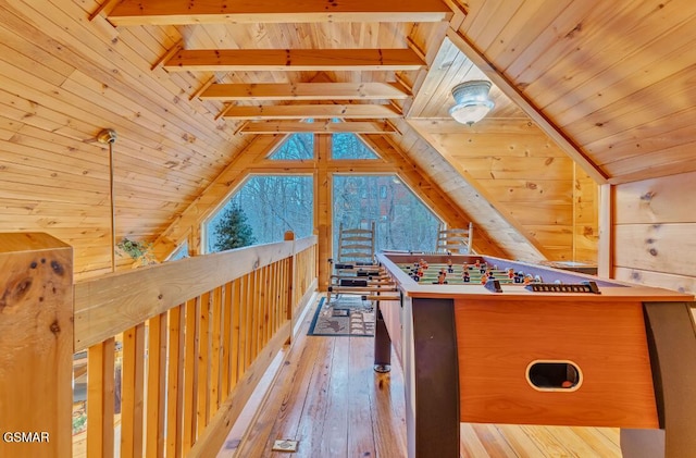 rec room featuring vaulted ceiling with beams, wooden ceiling, light hardwood / wood-style flooring, and wooden walls