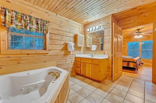 bathroom with tile patterned flooring, wood walls, and wood ceiling