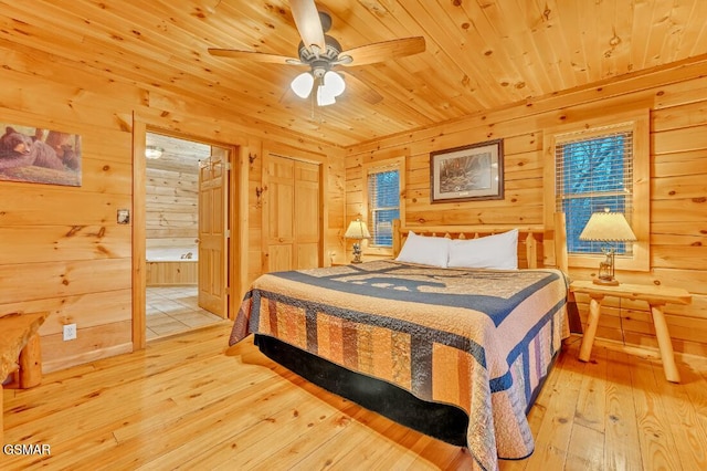 bedroom with wooden ceiling, hardwood / wood-style flooring, ceiling fan, and wooden walls