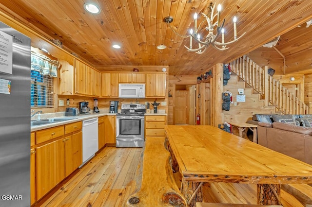 kitchen with sink, a notable chandelier, light hardwood / wood-style floors, wood ceiling, and appliances with stainless steel finishes