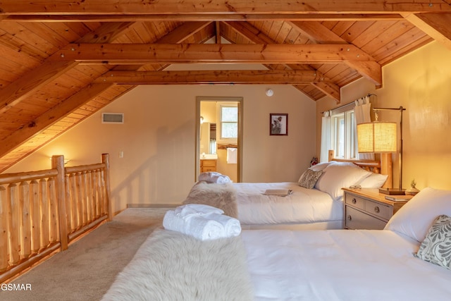 carpeted bedroom featuring vaulted ceiling with beams, multiple windows, wooden ceiling, and visible vents