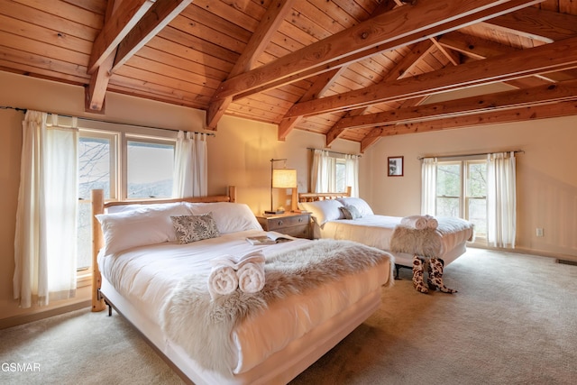 bedroom with vaulted ceiling with beams, wooden ceiling, baseboards, and light colored carpet