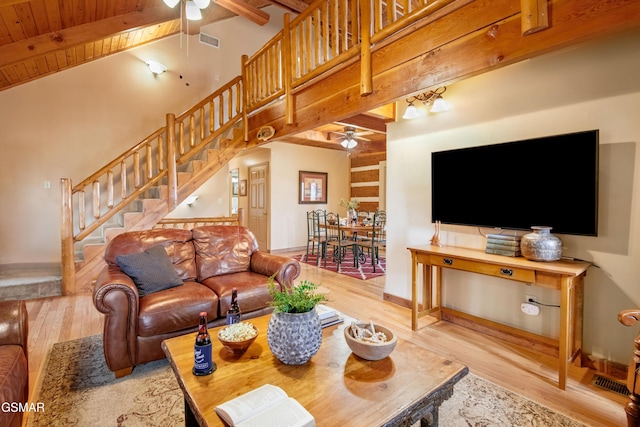 living area featuring visible vents, a ceiling fan, wood finished floors, wooden ceiling, and beamed ceiling