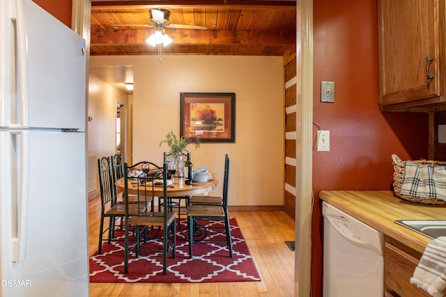 dining area featuring beam ceiling, ceiling fan, light wood-type flooring, wooden ceiling, and baseboards