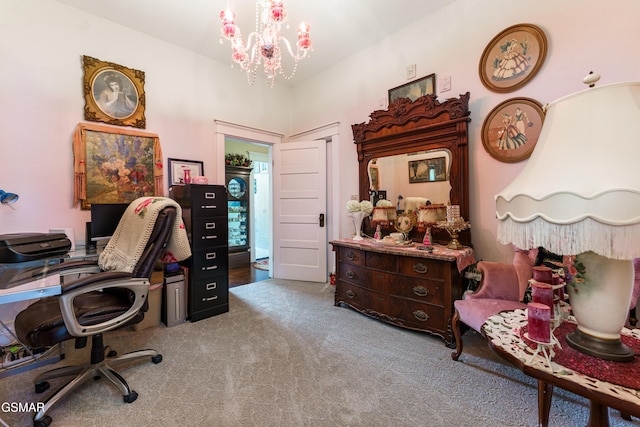 carpeted office space featuring a notable chandelier